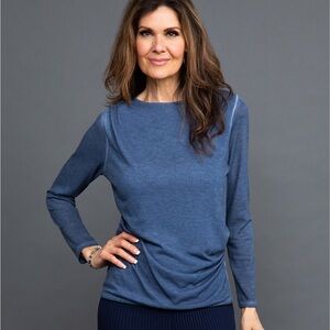M Made in Italy Women's Blue Long Sleeve Gathered Side Top Size Medium